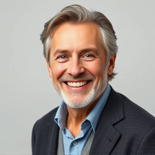 Portræt af en moden skuespiller med et venligt smil, der viser erfaring og charme. Billedet er taget i et studie med en neutral baggrund.