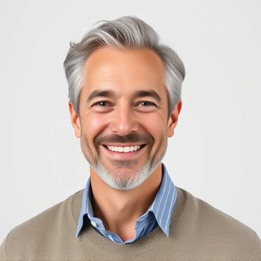 Portræt af en moden skuespiller med et venligt smil, der viser erfaring og charme. Billedet er taget i et studie med en neutral baggrund.