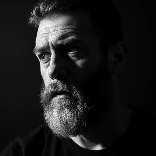 Sort-hvid portræt af en seriøs skuespiller med skæg, der kigger væk fra kameraet. Skyggerne giver billedet dybde og karakter.